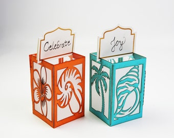 Bedankjes strandfeest, bedankjes vrijgezellenfeest, tropisch decor, plaatskaarthouder, papieren lantaarns, doe-het-zelfdecoratie