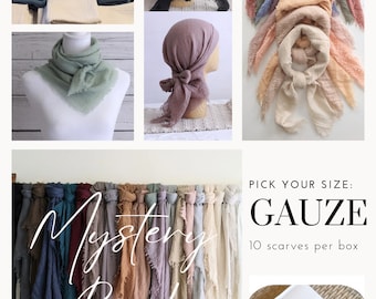 GAUZE - MYSTERY Box! Set of 10 Square Scarves. Pick your size. (Square Sizes: 24", 30", 35"). Will be sent random colors! Gift sample pack!