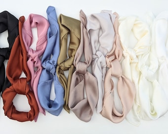 SILKY- Solid Scarves! This is a lightweight, smooth and silky, head scarf or neckerchief. Polyester Blend. (SQUARE Size: 27 inch) Pick one