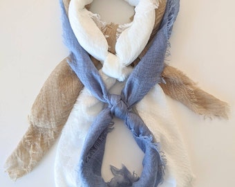 GAUZE-MEADOW Collection! Set of 3 Gauze Scarves - Salt, Mushroom & Forget-me-not. Lightweight and elegant. Pick size (SQUARE 24", 30", 35")