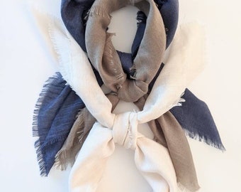 FLAXEN - The Sailor Collection! This is a set of 3: Denim, Pale Olive, Ivory, lightweight scarves Pick size (SQUARE 24", 30", 36", 40")