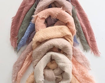 Gauze-Spring Collection bundle of 9 Crinkle Scarves - Soft, Lightweight, Fringed Bandanas for Head or Neck. Square Sizes: 24", 30", 36"