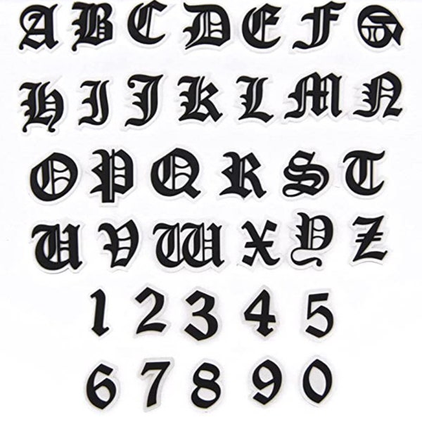 Old English Alphabet and Number Croc Charms Black on White