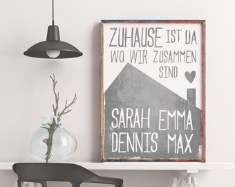 Familienposter Zuhause ist da wo wir zusammen sind, graues Haus mit Namen