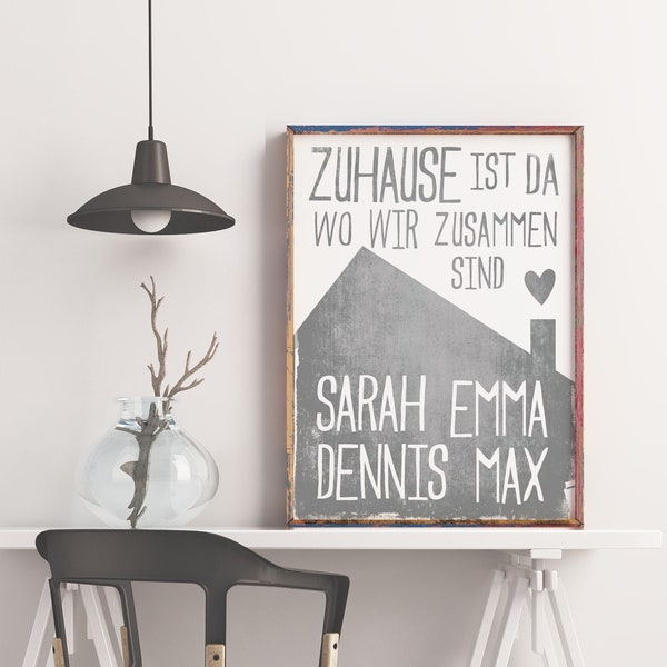 Familienposter Zuhause ist da wo wir zusammen sind, graues Haus mit Namen