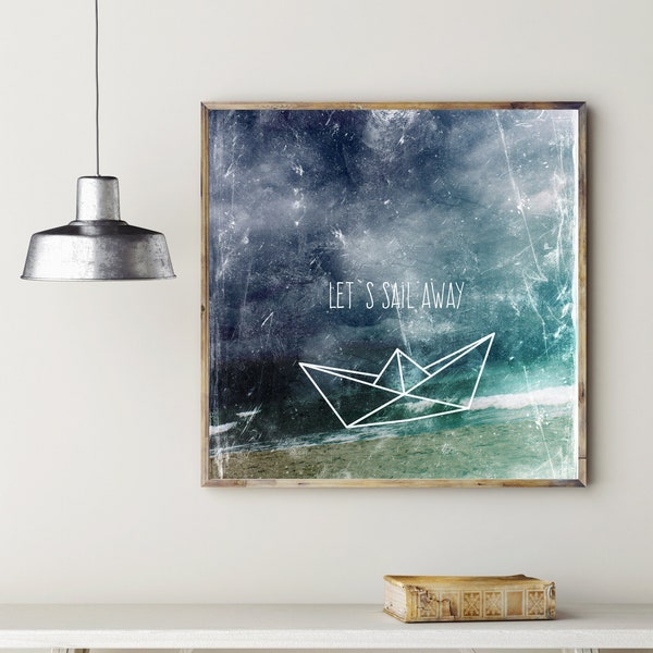 Poster lets sail away Papierboot, dark blue sea