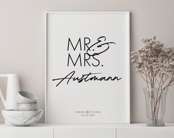 Poster: Mr. & Mrs. - mit Namen - personalisiertes Geschenk zur Hochzeit / zum Hochzeitstag