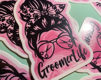 Pink Marble Groomer Life Messy Bun Gal Sticker - Collector’s Item or Gift for Dog Groomers Pet Stylist Poodle Moms Cute Trendy Style Funny