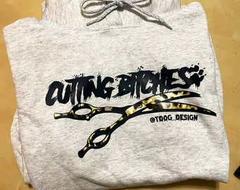 Cutting B*tches - Dog Groomer Hoodie - Graphic Design for Pet Stylists with Holographic/Cheetah Print curved shears