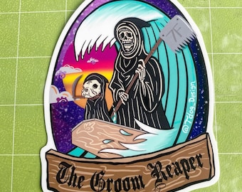 The Groom Reaper Sticker for groomers, pet stylist, dog lovers, sticker collectors, skeleton, skulls, punk, rock surf, puppy, dog mom beach