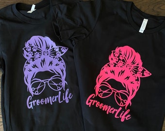Groomer Life Girl with Messy Bun and Paws - custom made Dog lover graphic Tshirt