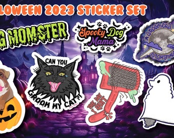 Halloween Dog Groomer Sticker Set 3” stickers pet stylists professionals, dog walker, groomer, trainer, vet tech bumper decal