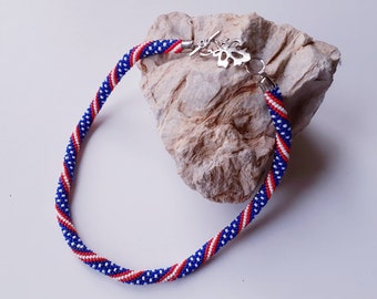 Unisex necklace Flag USA, 4th of July Patriotic jewelry American Day,  Red Blue White beaded necklace national flag USA, Gift for men