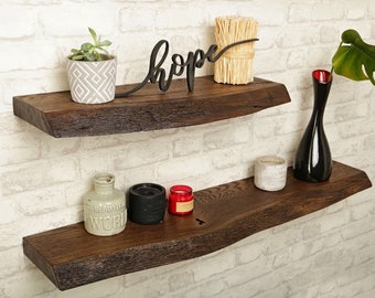 BestLoft® wall shelf Ruby dark smoked with tree edge made of oak wall shelf with attachment floating shelf wall shelf wooden shelf