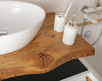 Waschtisch massiver Eiche Baumkante Waschtischunterschrank Holzplatte Badezimmer Badschrank Naturkante Furniture Handgemachte Möbel