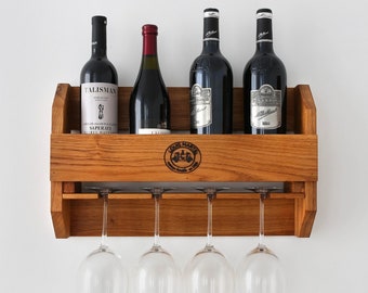 Crystal wine rack made of oak for bottles and glasses / solid bottle holder and glass holder (space for: 4-5 bottles + 4 glasses)