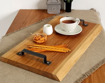 BestLoft cutting board Steely made of oak - rustic serving plate (natural, oak with tree edge + steel handles) serving board tray board