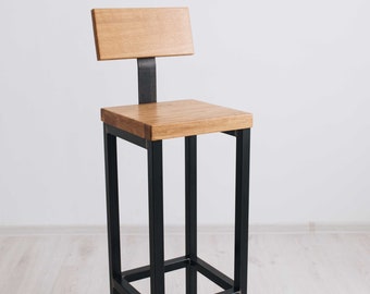 BestLoft bar stool with backrest in dark or light industrial design Solid oak chair stool with backrest 78 cm