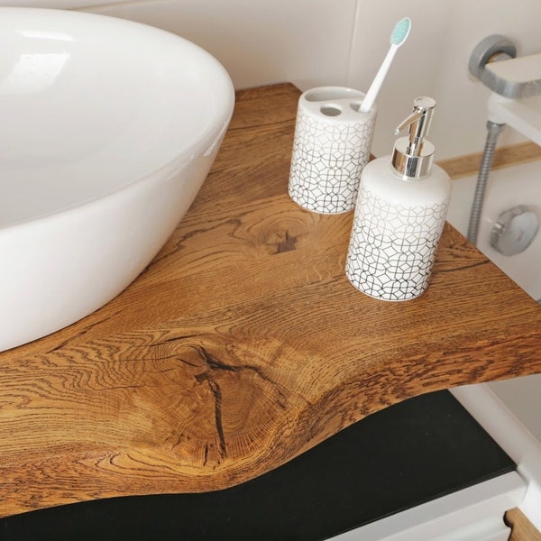 Waschtisch massiver Eiche Baumkante Waschtischunterschrank Holzplatte Badezimmer Badschrank Naturkante Furniture Handgemachte Möbel