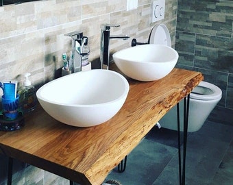 Oak vanity top with forest edge natural edge made to measure in various sizes made of 4 cm solid oak vanity unit console