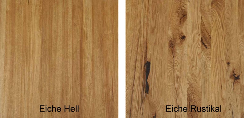 May include: Two wood samples, one with a light, smooth finish labeled "Eiche Hell" and the other with a rustic finish labeled "Eiche Rustikal".