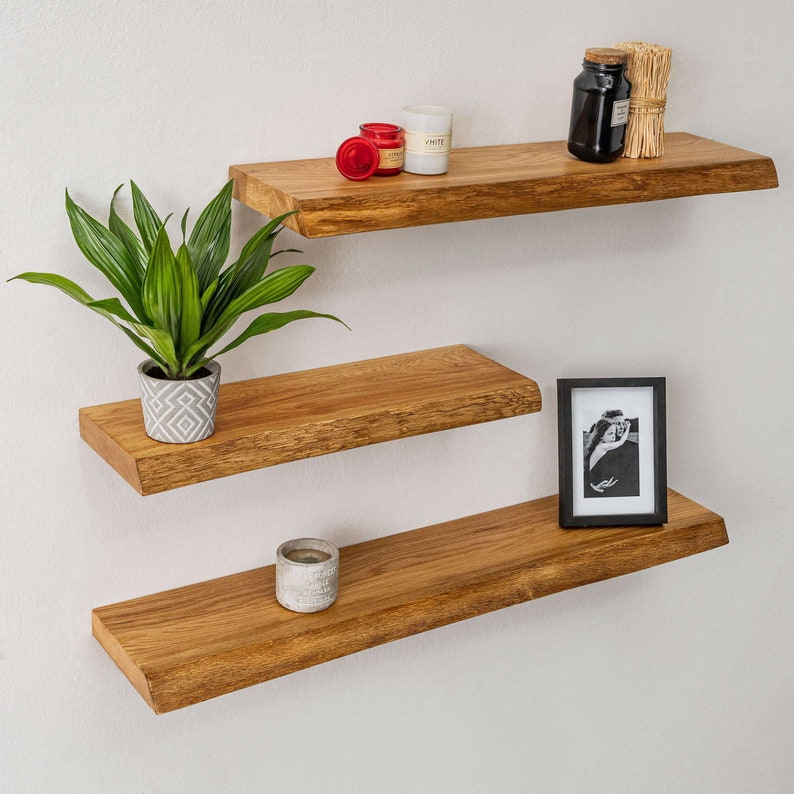 BestLoft® wall shelf with tree edge made of solid 4 cm oak wall shelf with natural edge with attachment in different sizes living room shelf image 1