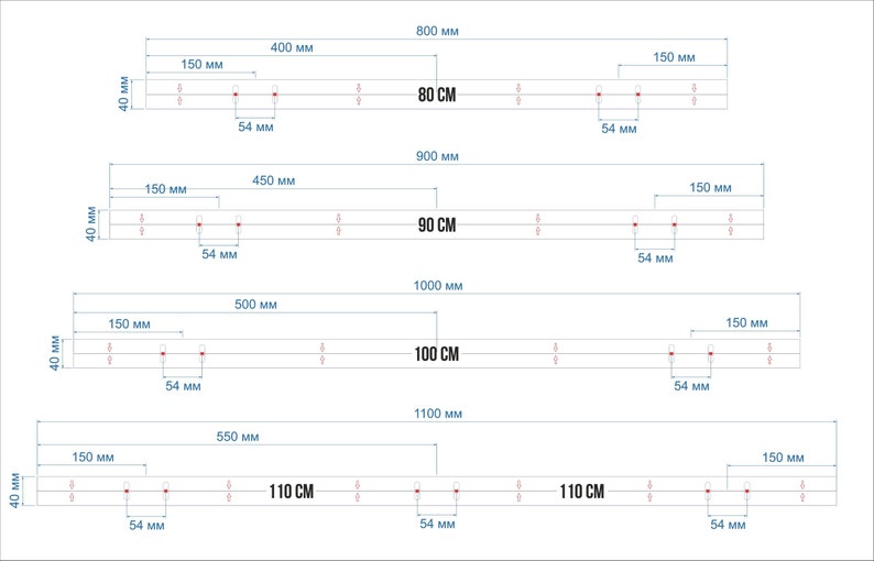 May include: Diagram showing different lengths of a rectangular object with measurements in millimeters and centimeters. The object is 40 mm wide and has different lengths of 80 cm, 90 cm, 100 cm, and 110 cm. The diagram shows the placement of holes along the length of the object.