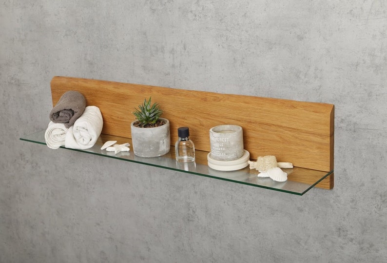 BestLoft® Brooklyn wall shelf with glass shelf made of solid oak, optionally in 100 cm/80 cm glass shelf Floating shelf Glass shelf Shelf with glass shelf image 1