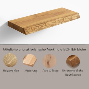 May include: A natural wood shelf with a live edge, made from real oak. The shelf has a rustic look with knots and grain patterns. The image also shows close-ups of the wood's characteristics, including wood rays, grain, knots, and bark.