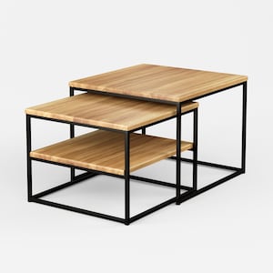 BestLoft® 2-delat set med soffbord, trä, ek, metall, sidobord, industridesign, loft vintage soffbord, massivt trä + 1 extra hyllplan