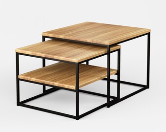 Original BestLoft® 2-piece Set Coffee Table Wood Oak Metal Side Table Industrial Design Loft Vintage Sofa Table Solid + 1 Extra Shelf