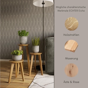 May include: Three wooden plant stands with three potted plants. The stands are made of natural wood and have a rustic look. The plants are green and leafy. The image also shows a close-up of different wood grain patterns, including wood rays, grain, and knots. The text in the image reads "M&ouml;gliche charakteristische Merkmale ECHTER Eiche" which translates to "Possible characteristic features of REAL oak".
