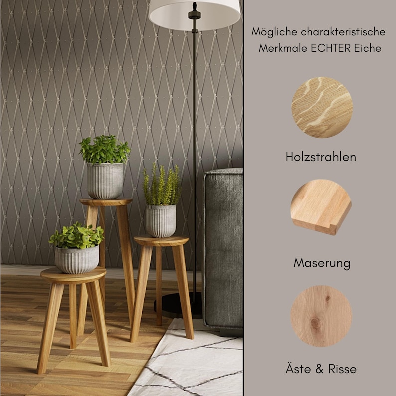 May include: Three wooden plant stands with three potted plants. The stands are made of natural wood and have a rustic look. The plants are green and leafy. The image also shows a close-up of different wood grain patterns, including wood rays, grain, and knots. The text in the image reads "M&ouml;gliche charakteristische Merkmale ECHTER Eiche" which translates to "Possible characteristic features of REAL oak".