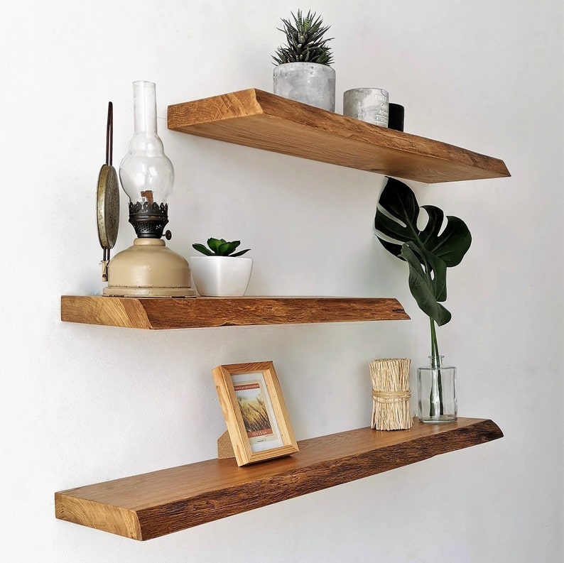 BestLoft® wall shelf Ruby WITH and WITHOUT tree edge made of oak wall shelf with attachment in different sizes floating shelf living room image 1