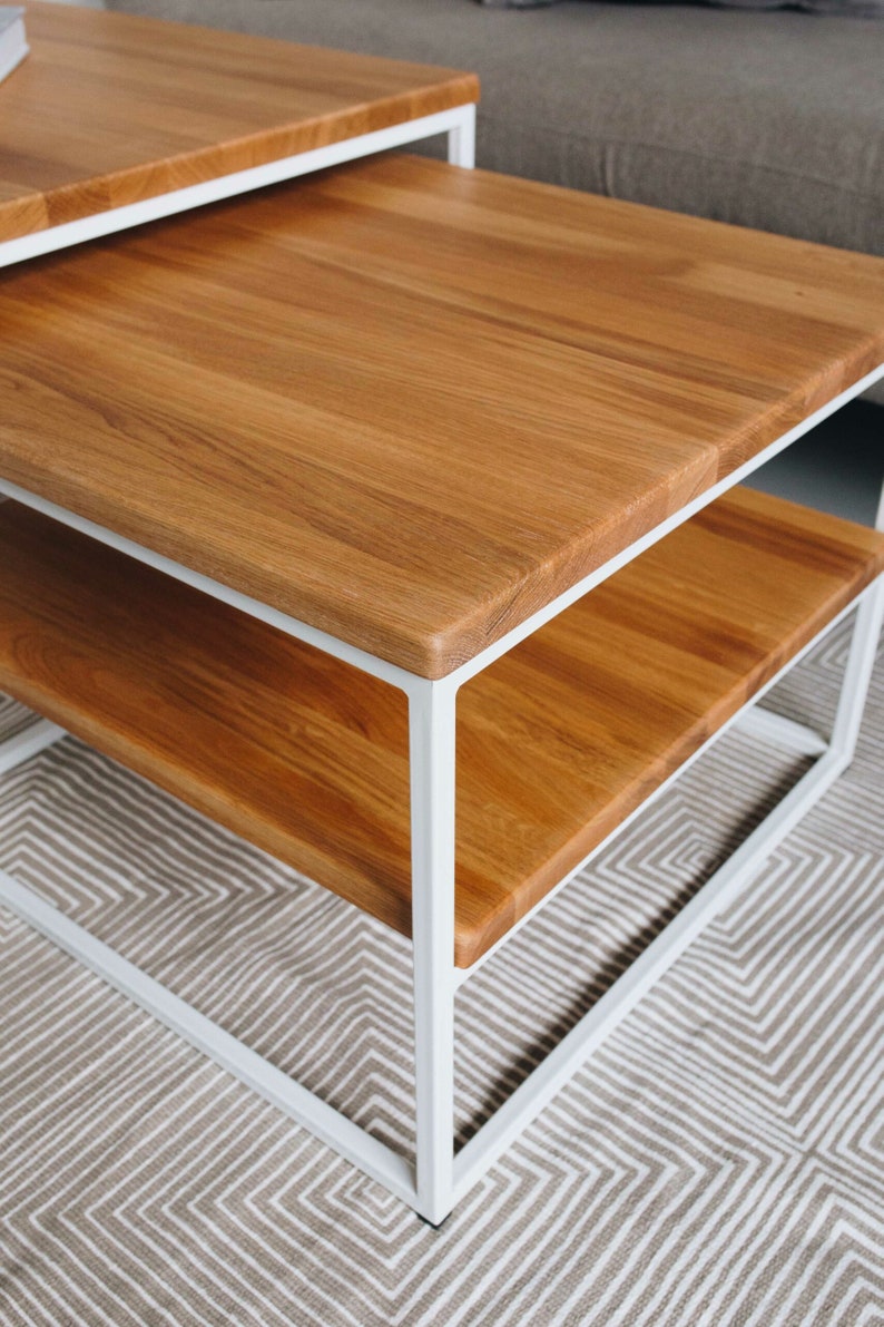 Original BestLoft® set of 2 coffee tables, wood, oak, metal, side table, industrial design, loft, vintage, solid sofa table 1 extra shelf image 6