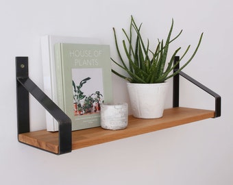 Wall shelf Coral made of oak with wall brackets made of raw steel in an industrial look - Wall shelf for wall mounting (shelf closed and open)