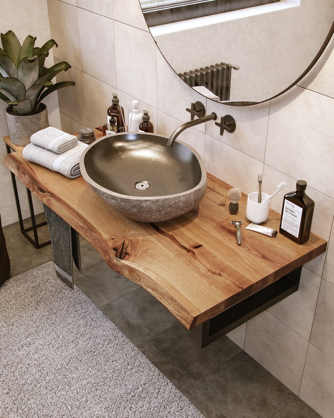 Solid Oak Washbasin Console in All Sizes With Tree Edge Vanity Unit Wood  Panel Bathroom Bathroom Cabinet 
