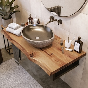 Solid oak washbasin console in all sizes with tree edge vanity unit wood panel bathroom bathroom cabinet