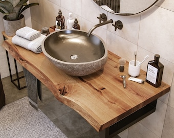 Consola de lavabo de roble macizo en todos los tamaños con mueble de baño con borde de árbol, mueble de baño con paneles de madera