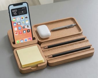 Wooden Desk Organizer Set Desk Organization Tray Office Accessories Phone Stand Pen Holder Sticky Note Holder Beech Wood