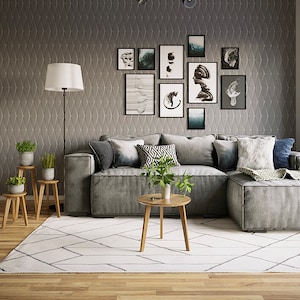 May include: A gray sectional sofa with a white and gray patterned rug, a wooden coffee table, and a floor lamp. The wall behind the sofa is decorated with a gallery wall of black framed artwork.