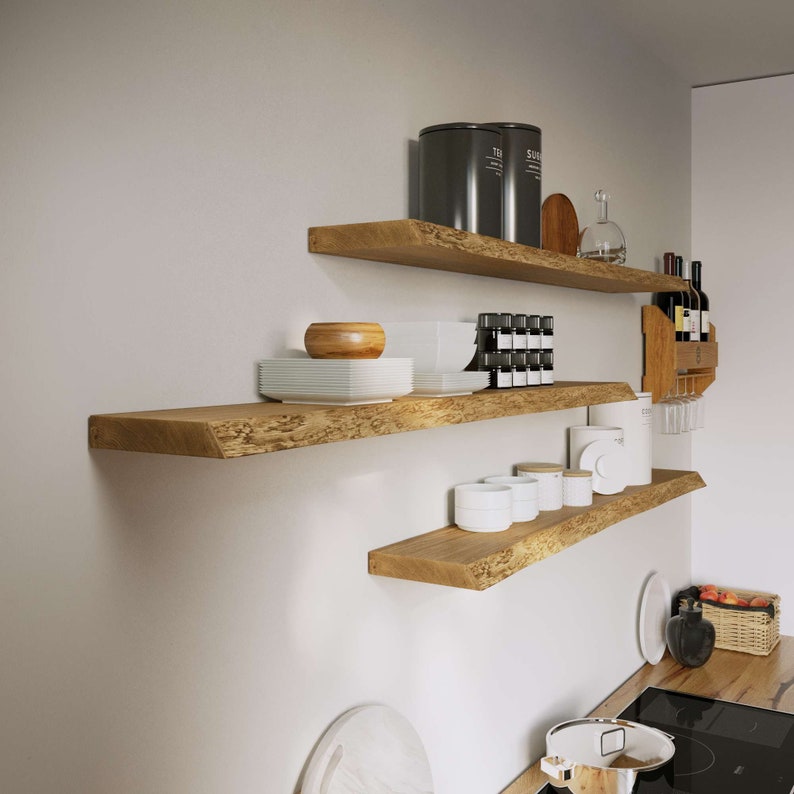 BestLoft® wall shelf Ruby WITH and WITHOUT tree edge made of oak wall shelf with attachment in different sizes floating shelf living room image 2