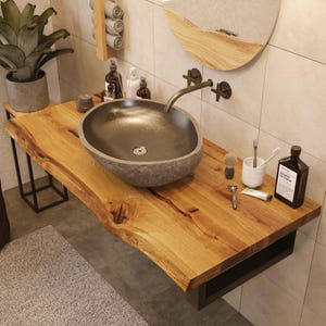 Waschtisch massiver Eiche Waschtischkonsole in allen Größen mit Baumkante Waschtischunterschrank Holzplatte Badezimmer Badschrank