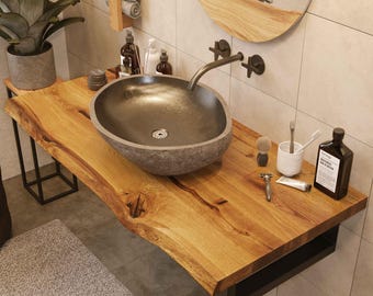 Lavabo de roble macizo consola de lavabo en todos los tamaños con borde de árbol mueble de lavabo tabla de madera baño armario de baño