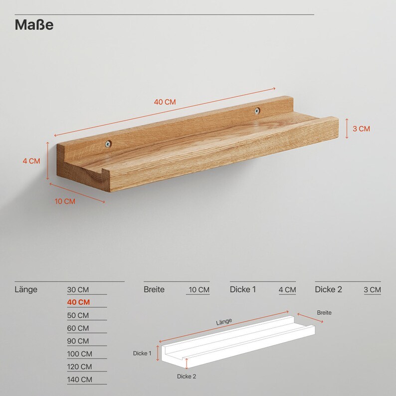 BestLoft cimaise en bois étagère en bois étagère murale cimaise murale en chêne étagère flottante étagère de couloir étagère murale en bois étagère murale en bois de chêne massif 10 Centimètres