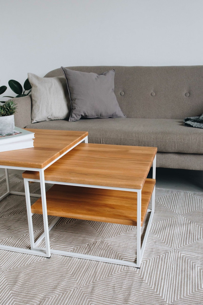 Original BestLoft® set of 2 coffee tables, wood, oak, metal, side table, industrial design, loft, vintage, solid sofa table 1 extra shelf image 5