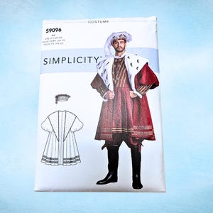 May include: Simplicity costume pattern featuring a Renaissance-style outfit. The pattern includes a drawing of the costume and the text "COSTUME" and "SIMPLICITY". The pattern size is AA, with sizes ranging from 34 to 42 inches.