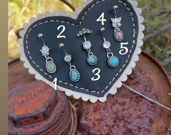 Turquoise Belly Button Ring  Surgical Steel Navel Ring with Sterling Silver Turquoise Charm Western Style Belly Ring  Boho Turquoise Jewelry