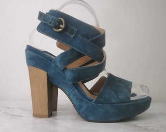Vintage Y2K Jane Shilton Denim Blue Suede High Heels, Wooden Chunky Heel, Denim Look Heels, Strappy Heels, Contrast Stitch, Size 5.