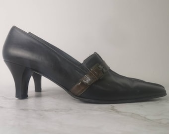 Vintage Melluso Black Italian Leather Square Point Heels, Made in Italy, High Quality Leather Heels, Brown Buckle Strap, Size 7, Luxury Look